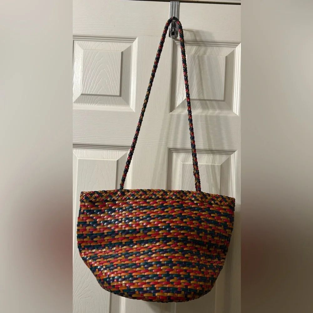 Red and Blue Woven Shoulder Bag with Leather Straps